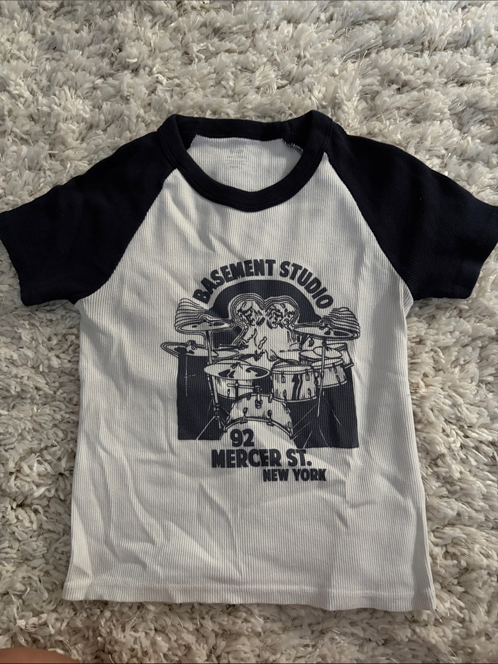 Brandy Melville White & Navy Raglan Drum Graphic Tee